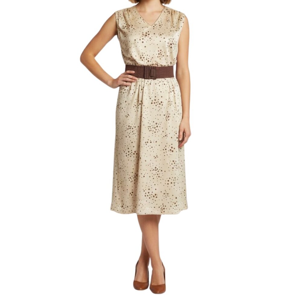 Vintage 70s 80s Geometric Midi Dress | Tan & Rust Earth Tones | Retro Secretary